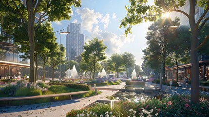 Wall Mural - tranquil urban oasis: a serene cityscape with lush greenery and fountains