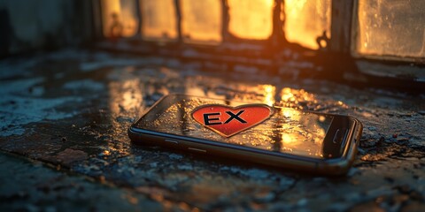 Aufkleber - Close-Up Smartphone with Heart EX Message on Screen in Warm Sunset Light