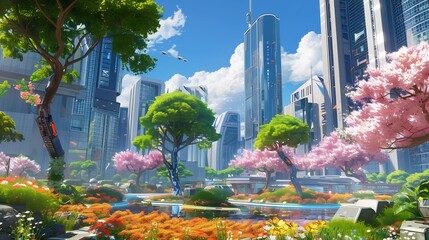 Wall Mural - futuristic city park with blooming trees