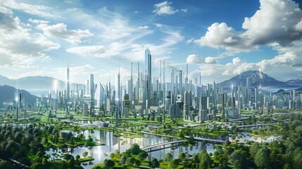Wall Mural - futuristic cityscape with lush greenery and reflective waters