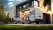 © peerawat - A smart home repair service van equipped with high-tech tools and gadgets for on-site repairs, parked outside a modern home