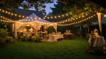 An elegant garden party in a spacious backyard, featuring a tent with draped fabric, a chic dessert table, and guests mingling under twinkling fairy lights