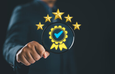 Poster - Hand shows sign of top service Quality assurance, Guarantee, Standards, ISO certification and standardization concept, satisfaction, service experience, show the standards of products and services.