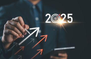 Poster - Opportunity, challenge strategy in 2025. New plans, goals and visions in business for new year 2025. Planning and challenge business strategy in new year, The 2025 new year business goals concept.