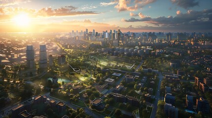 Wall Mural - aerial view of a city skyline at sunset