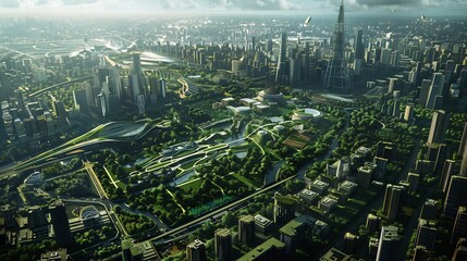 Wall Mural - futuristic cityscape with green park and skyscrapers