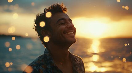 A man smiling joyfully at sunset by the sea- with water droplets in the air creating a bokeh effect.