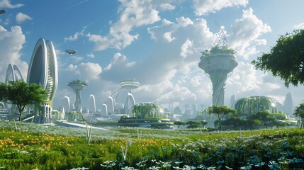 Wall Mural - futuristic cityscape with lush greenery