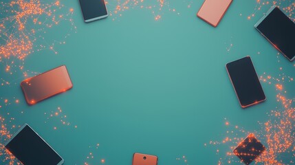 Multiple smartphones, tablets, and laptops arranged in a circle, with glowing lines connecting them, depicting the interconnectedness of devices in the digital age.