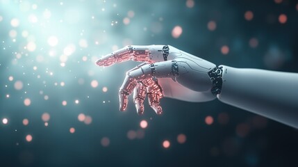 Poster - A robotic hand reaching out to touch a human hand against a backdrop of binary code and glowing circuitry, symbolizing the collaboration between humans and AI.