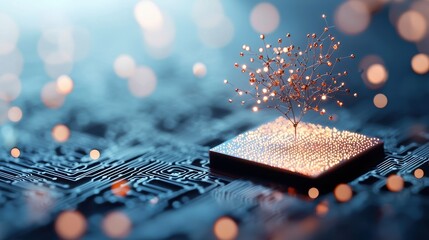 Poster - an abstract representation of a quantum computer, with glowing qubits and complex circuitry, symboli