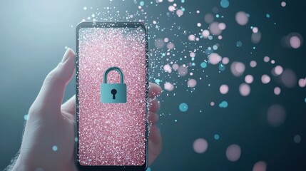 Poster - A hand holding a smartphone with a rotating padlock animation on the screen, symbolizing data encryption and privacy protection on mobile devices.