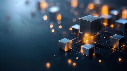 An illustration of a blockchain network with interconnected blocks, representing the decentralized and tamper proof nature of blockchain technology.