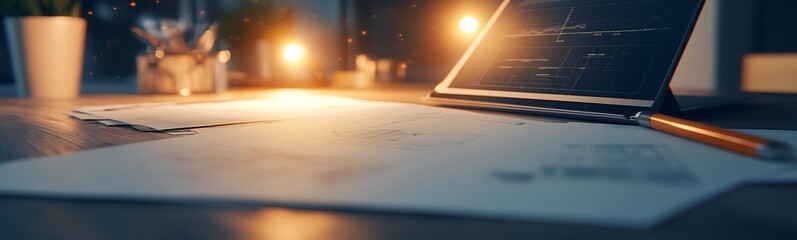 Poster - A cozy workspace at night, featuring a laptop, illuminated notes, and warm candlelight, creating an inviting and productive atmosphere.