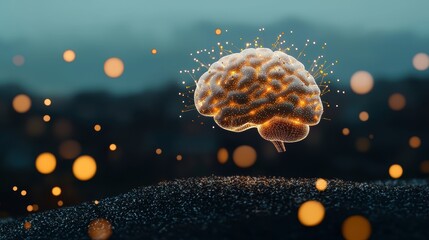 Poster - Glowing brain icon with interconnected nodes and data points, symbolizing the learning and analytical capabilities of artificial intelligence and machine learning.