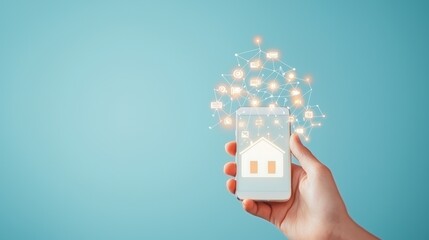Poster - Human hand holding a smartphone controlling various devices in a smart home environment, highlighting the central role of mobile devices in managing IoT ecosystems.