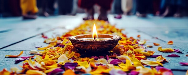 Poster - Glowing Diya Surrounded by Colorful Petals