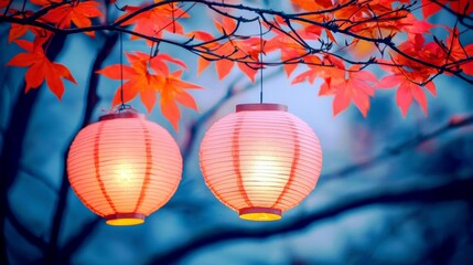 Poster - Vibrant Lanterns Against Autumn Leaves