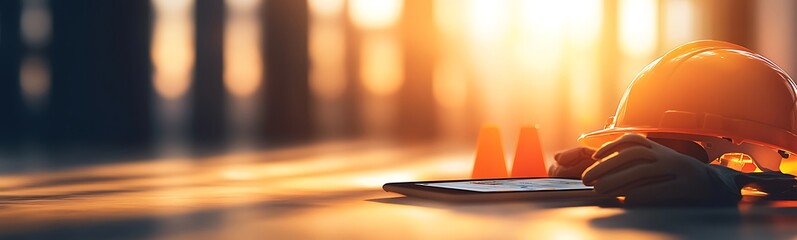 Aufkleber - A construction helmet and cones are placed on a table, silhouetted against the warm glow of a sunset.