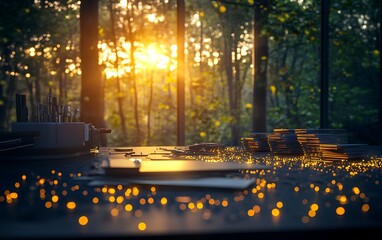 Poster - A serene workspace bathed in sunset light, with scattered coins and warm glowing spots, blending nature with productivity.