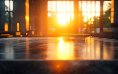 Aufkleber - A warm sunset glows through a window, casting soft light on a reflective surface, creating a serene and inviting atmosphere.