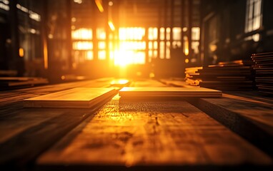 Poster - The image captures a warm sunset illuminating a rustic workspace featuring stacked papers on a wooden surface, creating a serene atmosphere.