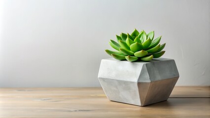 Canvas Print - Modern Geometric Concrete Planter with Green Succulent Plant on Wooden Shelf Isolated Against a Clean White Background for Conceptual Home Decor Photography