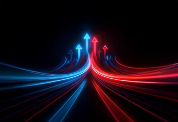 Poster - red and blue glowing arrows point upward as a representation of growth and advancement. they are pos