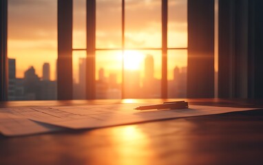 Aufkleber - A warm sunset illuminates a workspace featuring papers and a calm city skyline viewed through large windows.