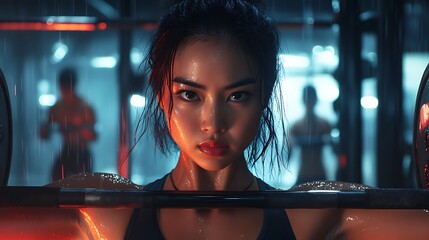 Wall Mural - A keyshot of an Asian woman performing a deadlift, barbell with metallic plates glistening under gym lights, determined expression, gym filled with modern equipment in the background,