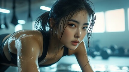 Wall Mural - A side profile capture of an Asian woman maintaining a plank, muscles defined, focused expression, gym environment with workout accessories visible, bright overhead lighting for depth,