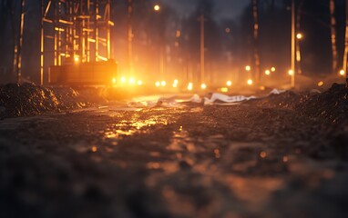 Poster - A scene depicting a dimly lit path with glowing lights in the background, surrounded by wet ground and trees, creating an atmospheric nighttime vibe.