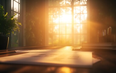 Poster - A warm, sunlit room with a view of nature, featuring a wooden desk and scattered papers, creating a cozy and inviting atmosphere.