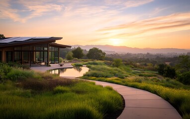 Aufkleber - A serene landscape features a modern home beside a tranquil waterway, surrounded by lush greenery during a beautiful sunset.