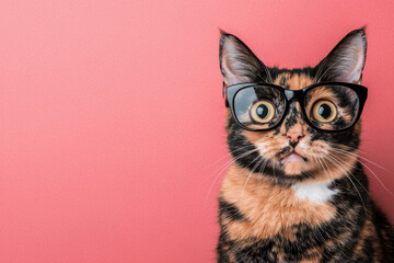 Funny cat wearing glasses with surprised expression on pink background