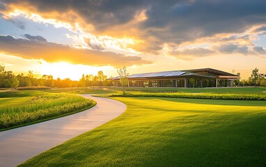 Aufkleber - A serene landscape at sunset, featuring a winding path through lush green grass, leading to a modern building under beautiful skies.