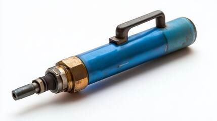 A welding torch with a blue gas cylinder, isolated on a white background