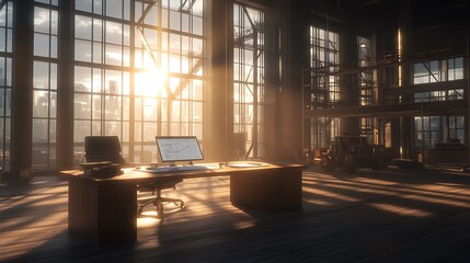Poster - A modern office bathed in sunlight streams through large windows, creating a warm, inviting atmosphere.