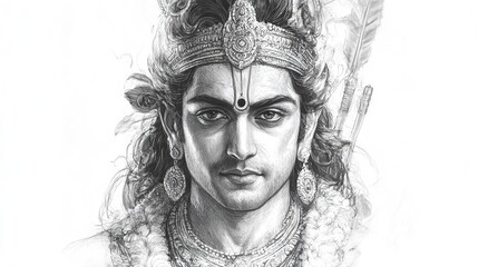 Lord Rama Portrait, Pencil Sketch Isolated on White Background