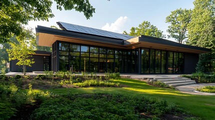 Aufkleber - A modern house with large windows, solar panels, and a landscaped yard, blending nature with contemporary architecture.