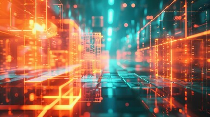Poster - Abstract digital background, futuristic data visualization, glowing patterns in orange and blue colors, depicting a technological and cybernetic environment