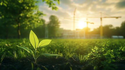 Poster - A vibrant green plant sprouts in a sunny landscape, with construction cranes in the background, highlighting the contrast between nature and urban development.