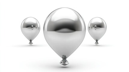 High-detail 3D silver balloon icon with a reflective metallic finish, isolated on white, perfect for minimalist designs.