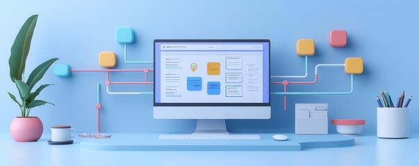 Poster - a modern workspace featuring a computer displaying data, with colorful elements and plants, set agai