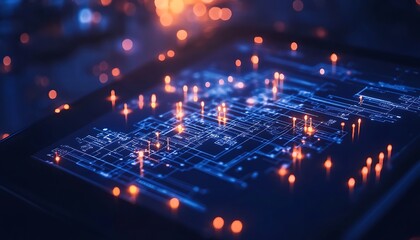 Poster - A vibrant digital circuit board overflowing with glowing blue and orange lights, symbolizing advanced technology and intricate data processing.