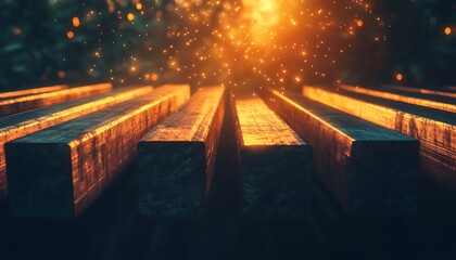 Poster - Glimmering metal bars illuminated by warm light, showcasing texture and details amidst a backdrop of sparks and glowing particles.