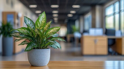 Wall Mural - A potted plant sits on a wooden table in a modern office setting.