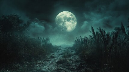 Wall Mural - a full moon hangs over a misty path through the forest.