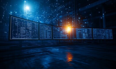 Poster - A futuristic, digital space illuminated by blue lights and intricate patterns, creating a vibrant atmosphere that suggests advanced technology and data visualization.