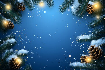 Christmas background with traditional decorations on blue background